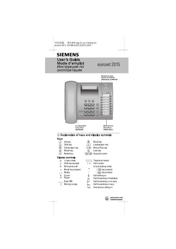 Notice SIEMENS EUROSET 2015 - Téléphone Fixe Trouver Une Solution à Un ...